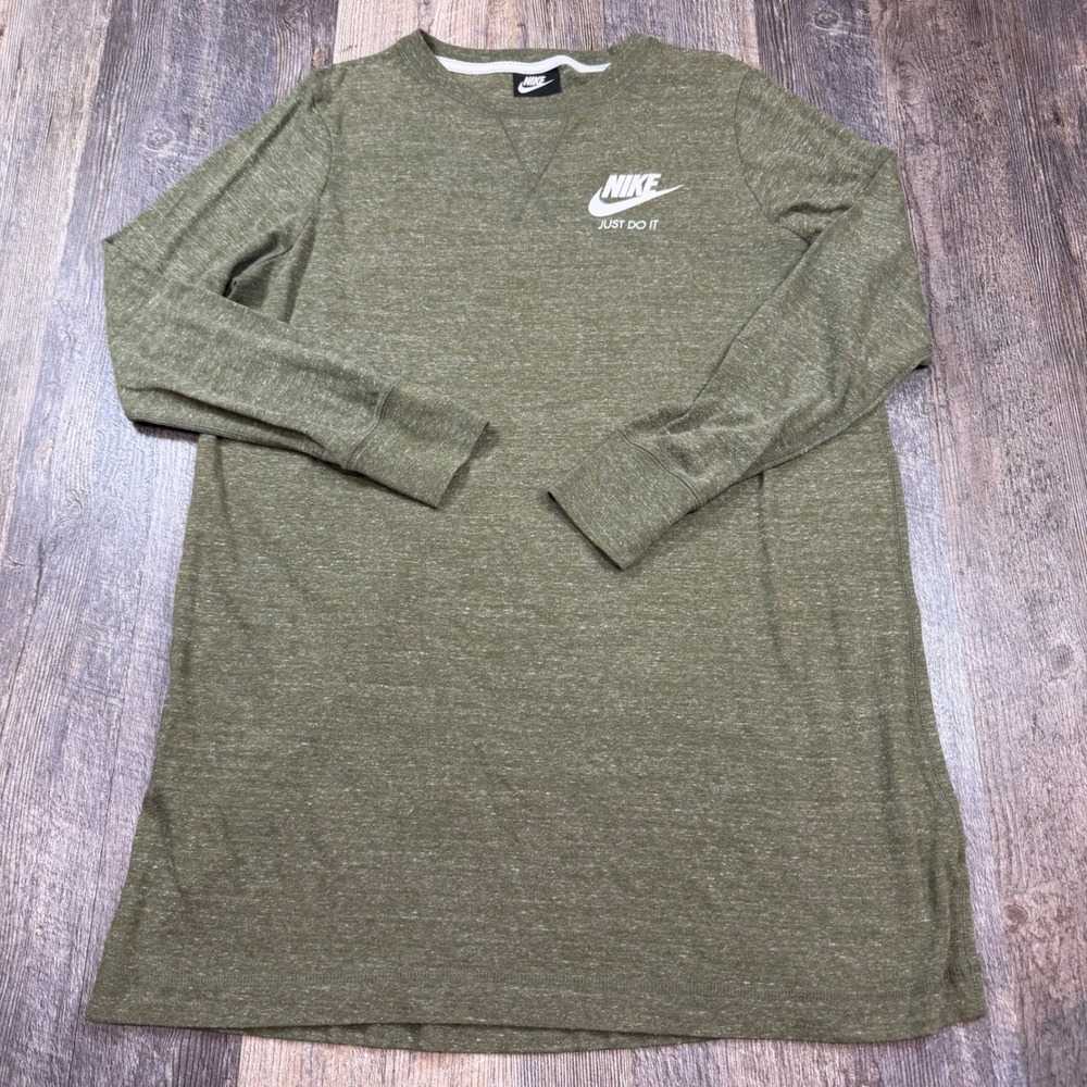 Nike Shirt Dress Women Large Olive Green Long Sleeve T-Shirt Just Do It Logo